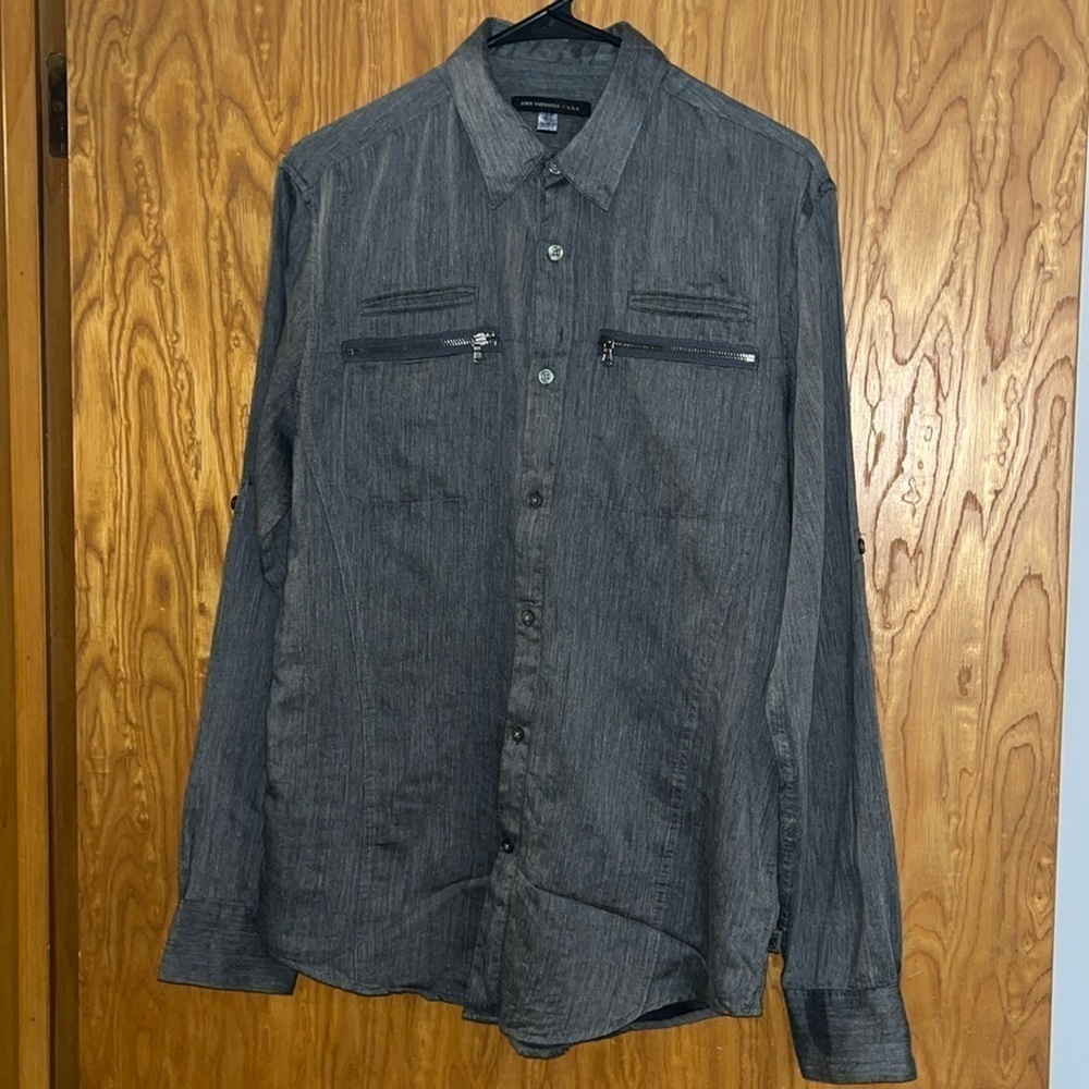 John Varvatos Shirt Mens Small Grey Long Sleeve Lightweight Zip Pockets